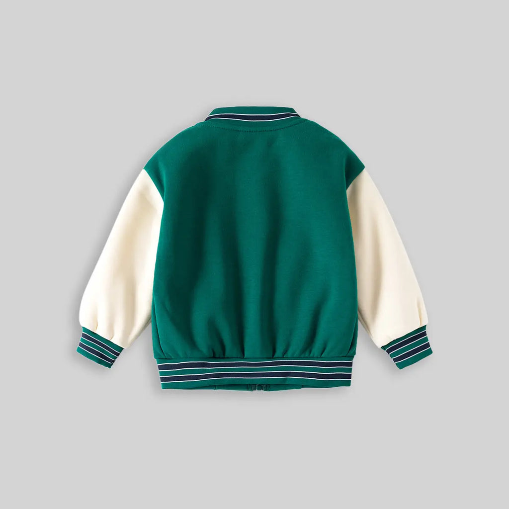 Boys Green Bear Cartoon Applique Varsity Jacket Coats & Jackets