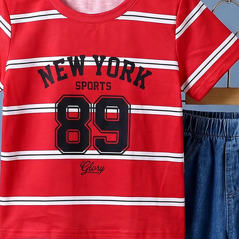 Boys Red Striped Alphanumeric Print T-Shirt With Denim Jeans 2 pc. Sets