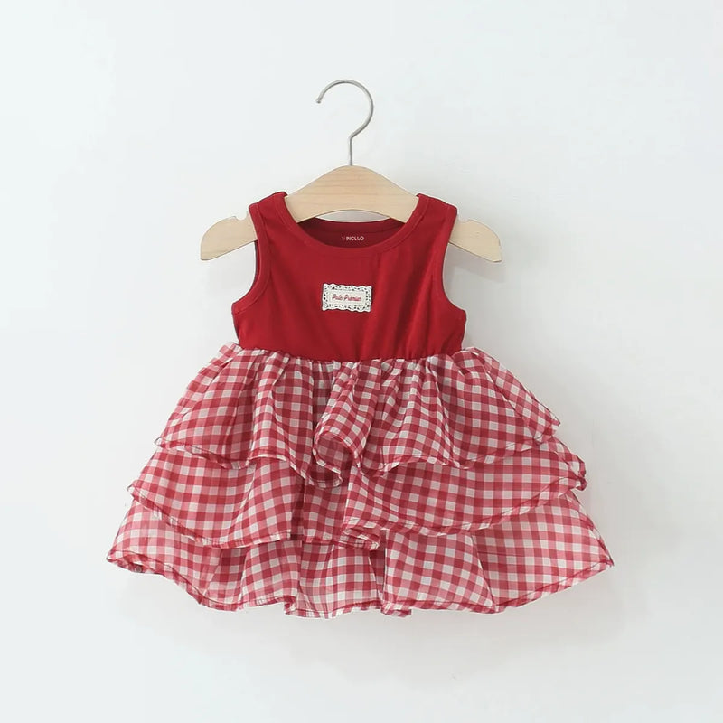 Girls Red Checked Sleeveless Tiered Fit & Flare Dress Casual Dresses