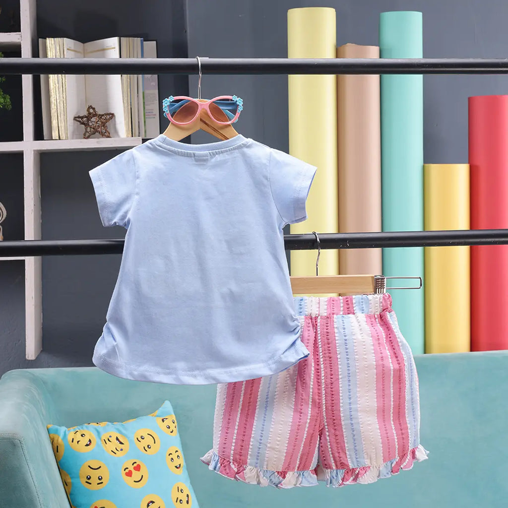 Girls Light Blue Floral Print Short Sleeve T-Shirt With Striped Shorts Sets 2 pc. Sets