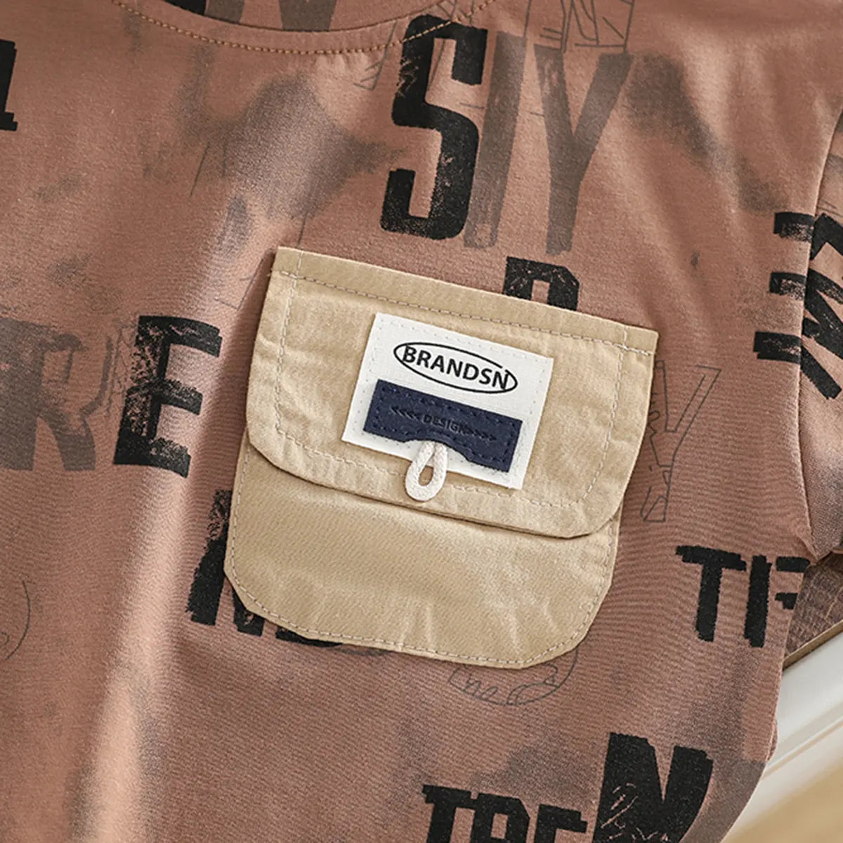 Boys Brown Typographic Print T-Shirt With Denim Shorts Set Sets