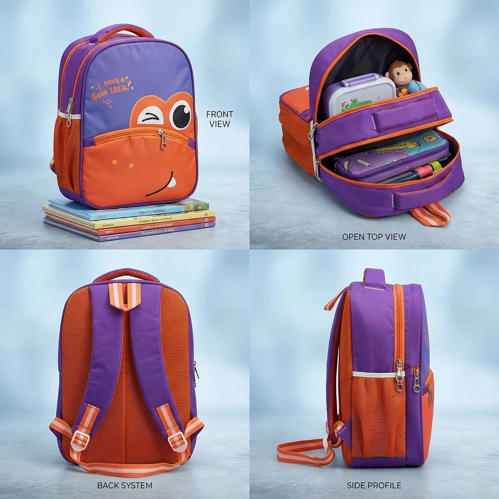Kids Orange & Purple Cartoon Face School Backpack Trending Accessories