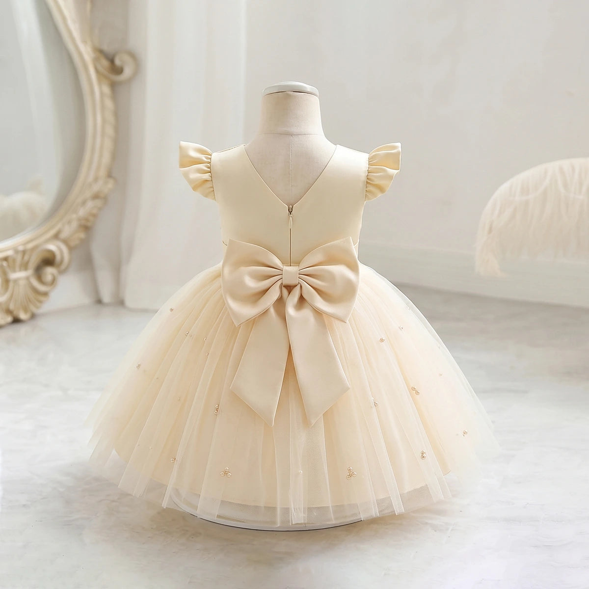 Girls Cream Pearl-Embellished Flutter Sleeve Fit & Flare Dress Casual Dresses