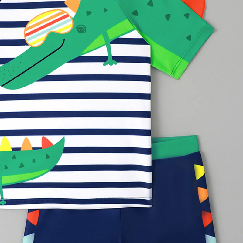 Boys White Stripes Dinosaur Themed T-Shirt With Shorts Swimwear Sets Beachwear