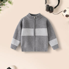 Boys Grey Zipper Cardigan With Self-Design Stripe Patterns Sweaters & Cardigans Grey 2-3 Y