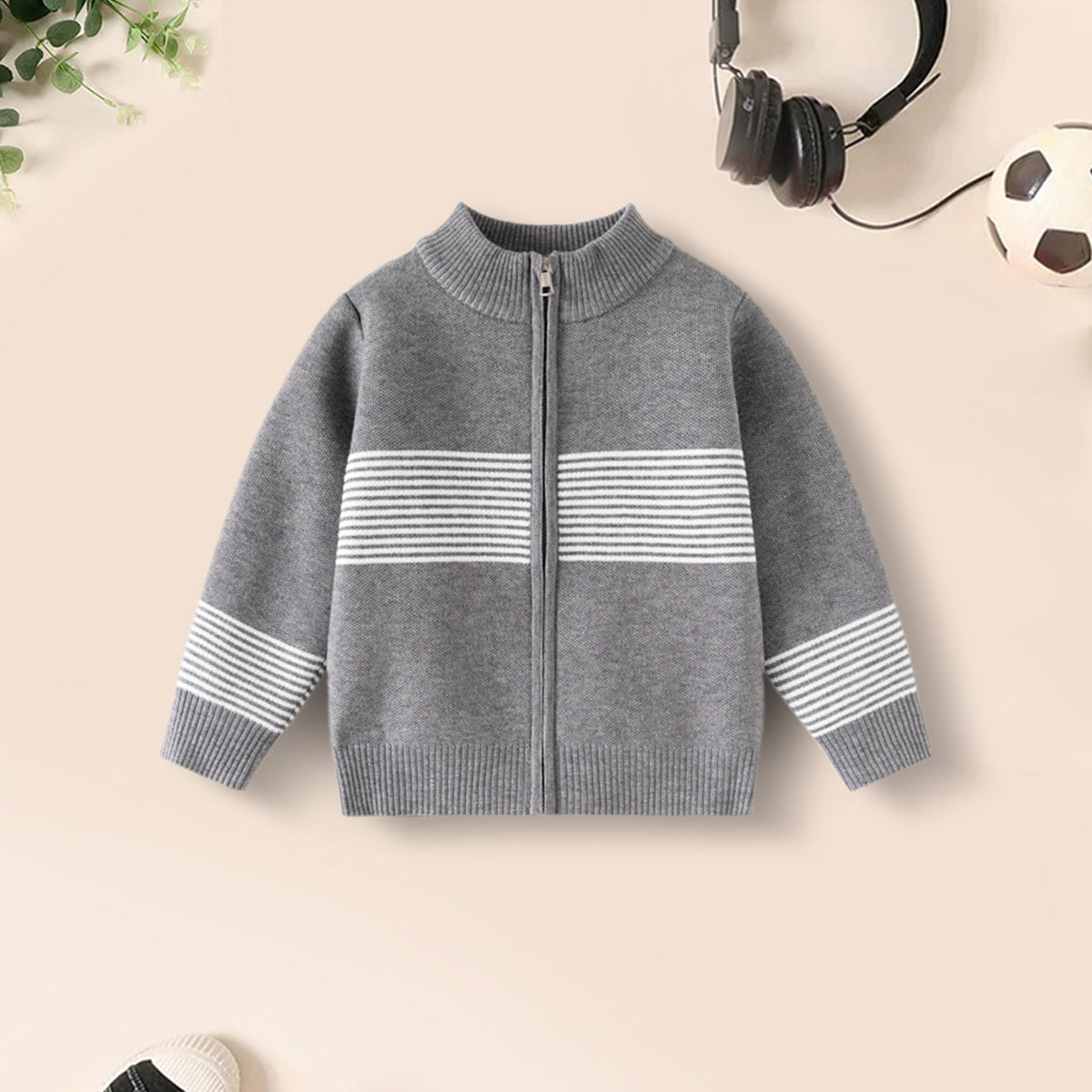Boys Grey Zipper Cardigan With Self-Design Stripe Patterns Sweaters & Cardigans Grey 2-3 Y