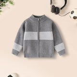 Boys Grey Zipper Cardigan With Self-Design Stripe Patterns
