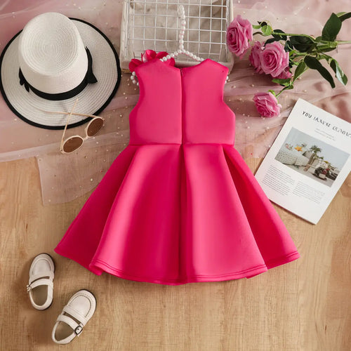 Girls Fuchsia Sleeveless Fit & Flare Party Wear Dress With Delicate Floral Appliques Party Dresses