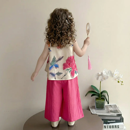 Girls Fuchsia Floral Mandarin Collar Top With Flared Pants Sets Sets