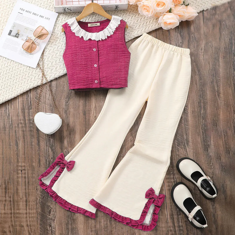 Girls Pink Textured Sleeveless Top With Flared Pants Set Sets Pink 7-8 Y