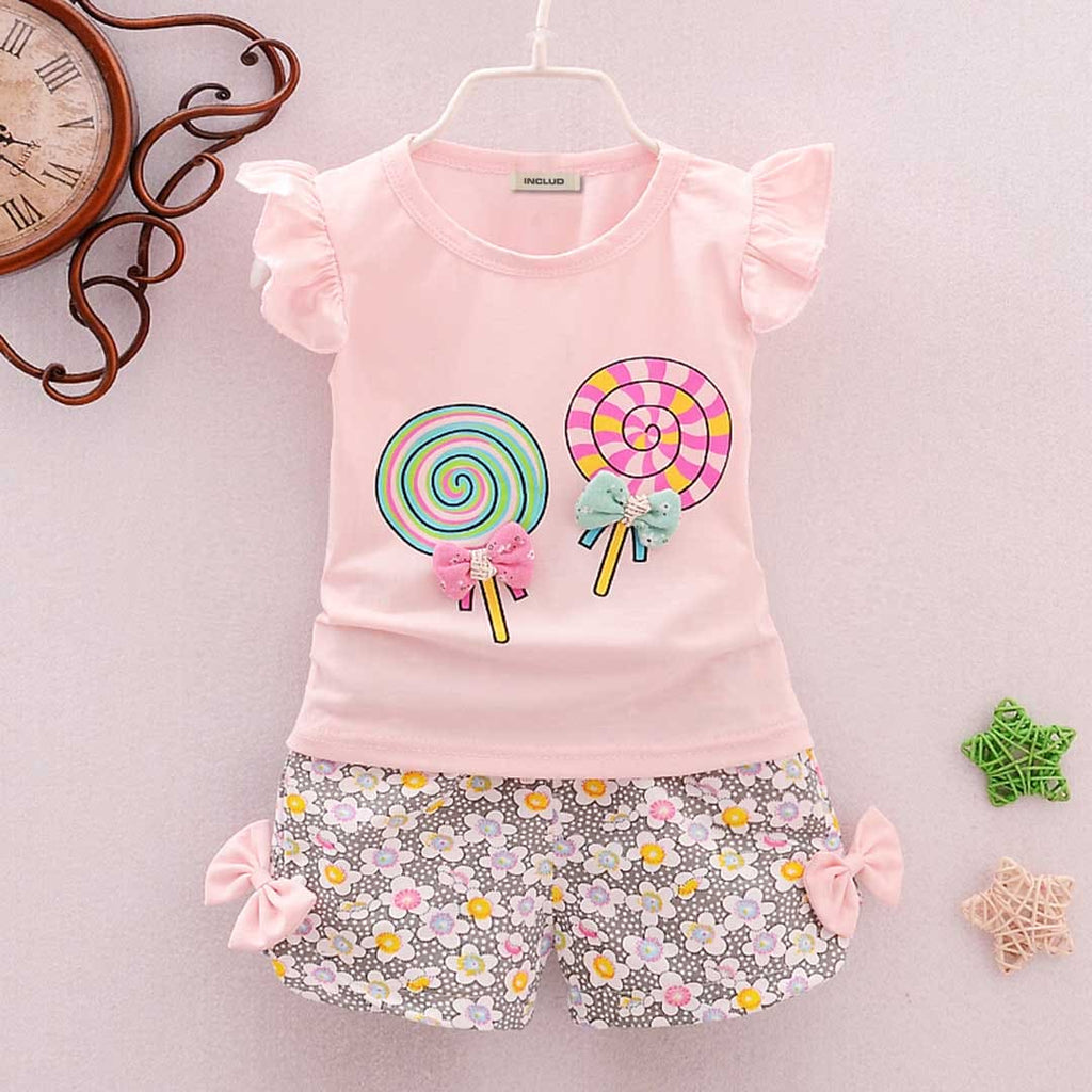 Girls Printed Top With Floral Printed Shorts Set