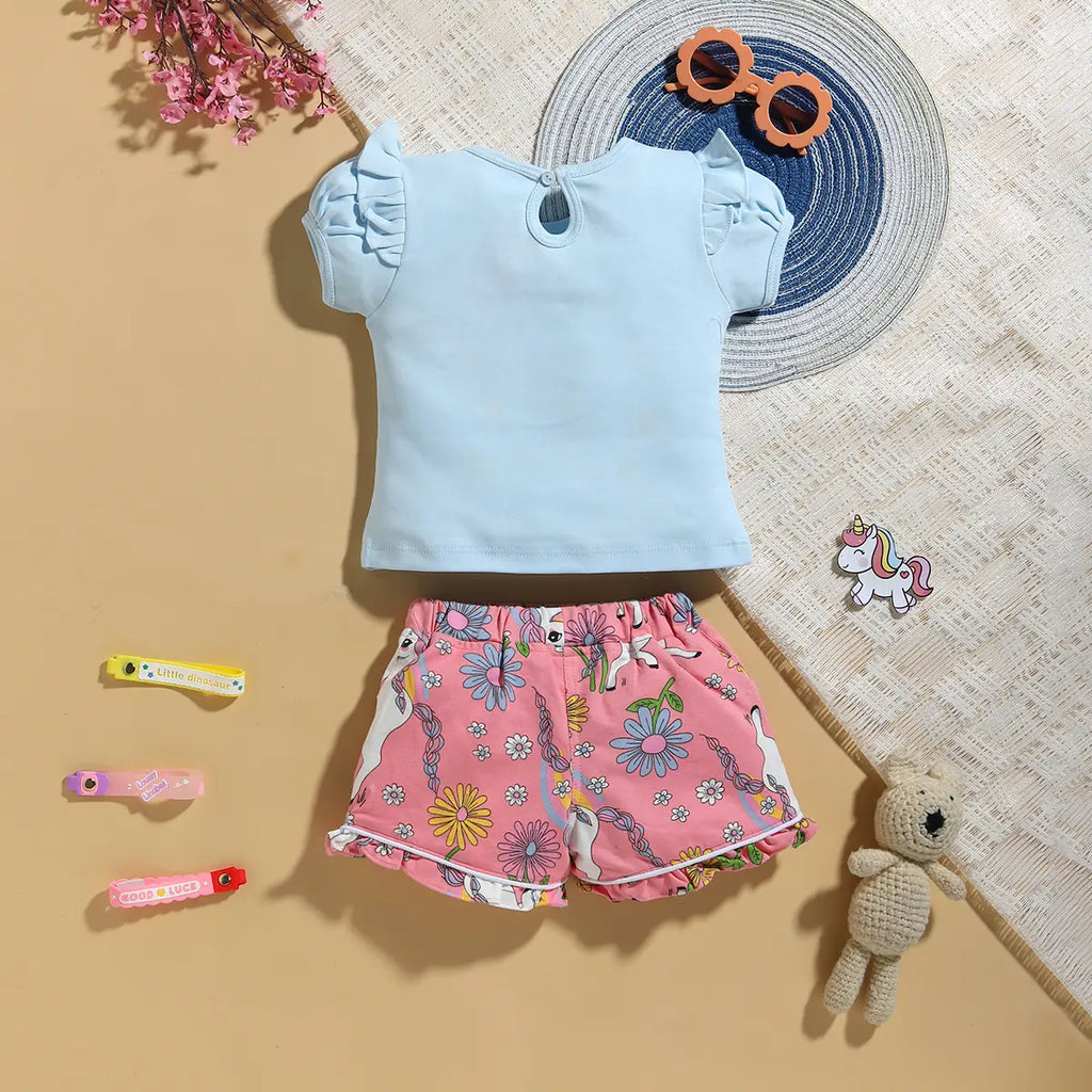 Girls Sky Blue Unicorn Printed T-Shirt With Printed Shorts Sets 2 pc. Sets