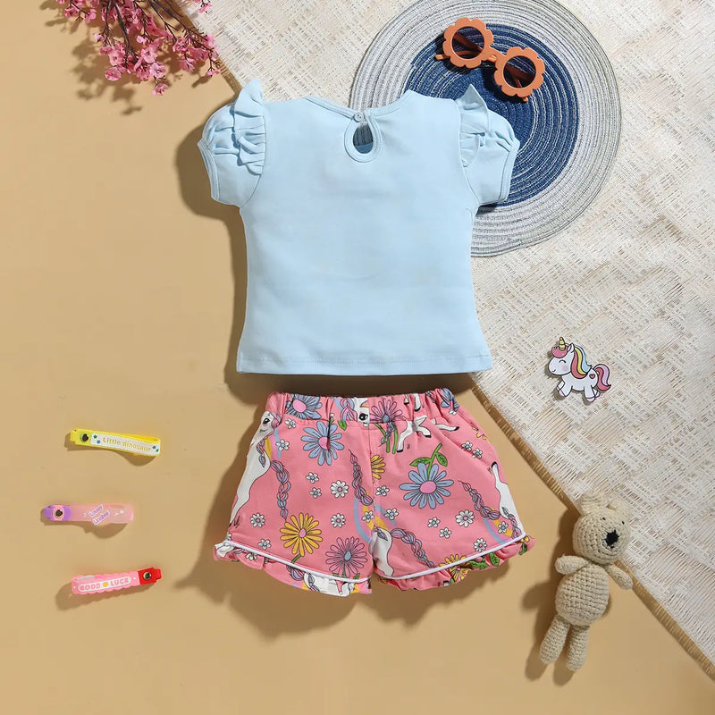 Girls Sky Blue Unicorn Printed T-Shirt With Printed Shorts Sets 2 pc. Sets