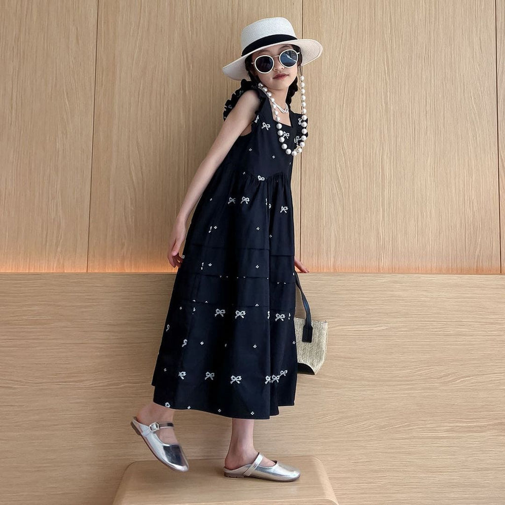 Girls Bow Print Flared Sleeves Fit & Flare Dress Casual Dresses   
