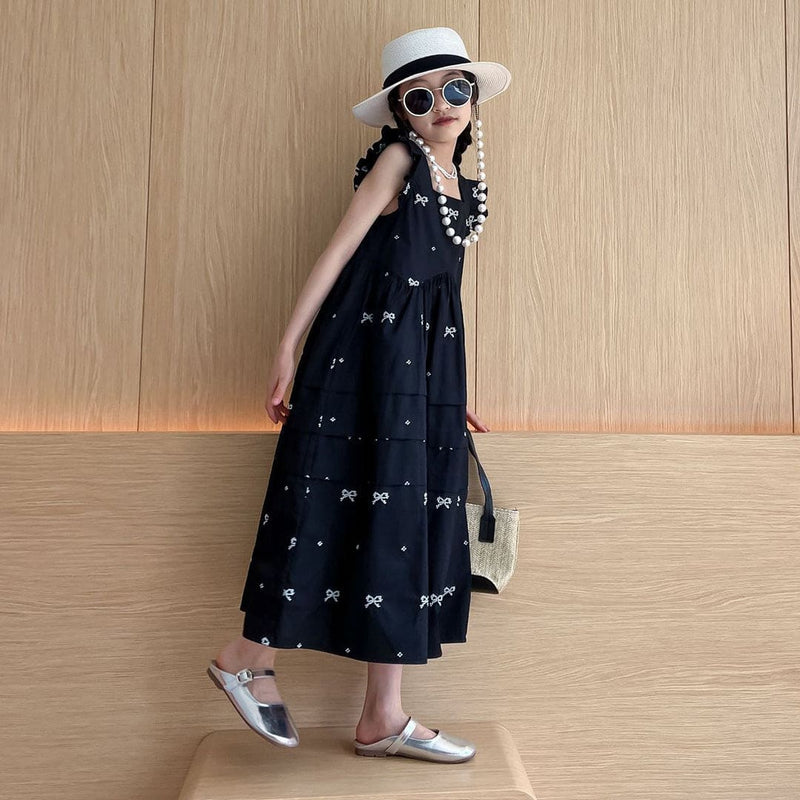Girls Bow Print Flared Sleeves Fit & Flare Dress Casual Dresses   