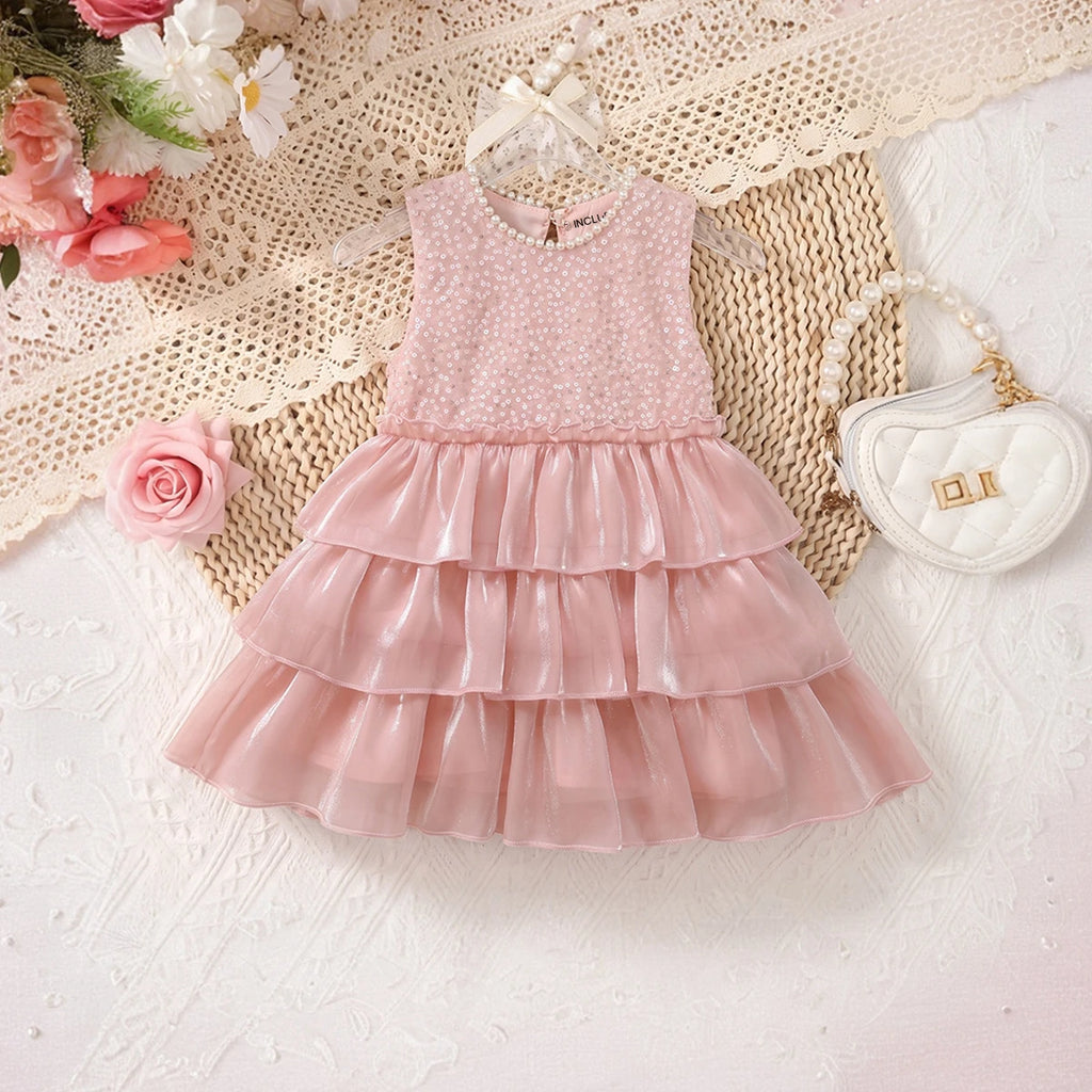 Girls Light Pink Sequins Embellished Layered Party Dress Party Dresses Light Pink 1-2 Y