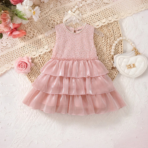 Girls Light Pink Sequins Embellished Layered Party Dress Party Dresses Light Pink 1-2 Y
