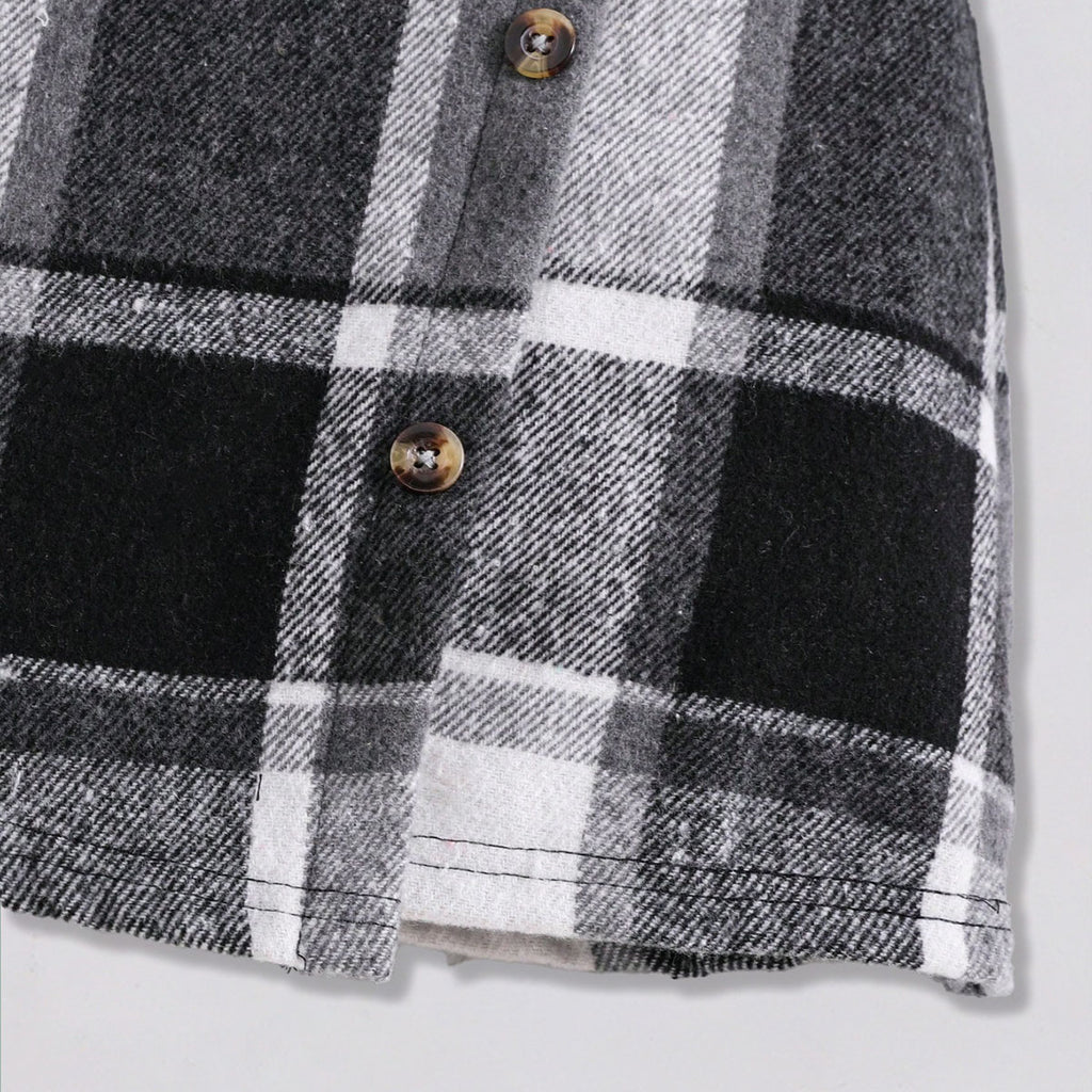 Girls Stand Collar Rib Top With Black Checked Skirt & Beret Hat Set Sets