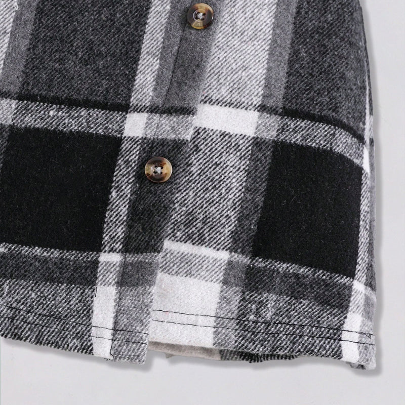 Girls Stand Collar Rib Top With Black Checked Skirt & Beret Hat Set Sets
