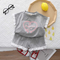 Girls Heart Print Short Sleeve T-Shirt With Shorts Set 2 pc. Sets Gray 1-2 Y 