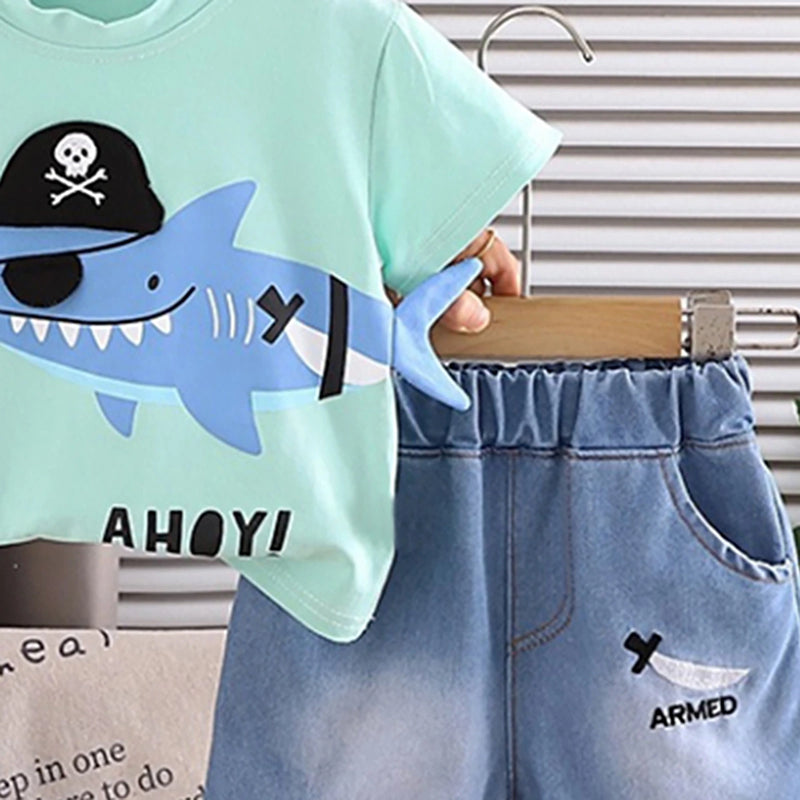 Boys Mint Green Shark Pirate Graphic Short Sleeve T-Shirt With Denim Shorts Sets 2 pc. Sets