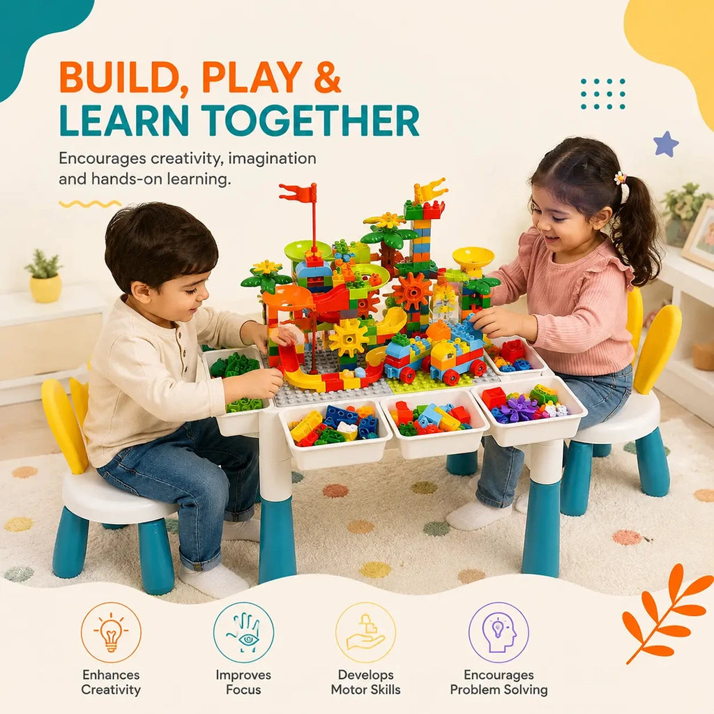 Kids Building Block Table with Bunny Chair - 210 Blocks & 4 Storage Bins - 3 Years Plus INCLUD Trending Accessories