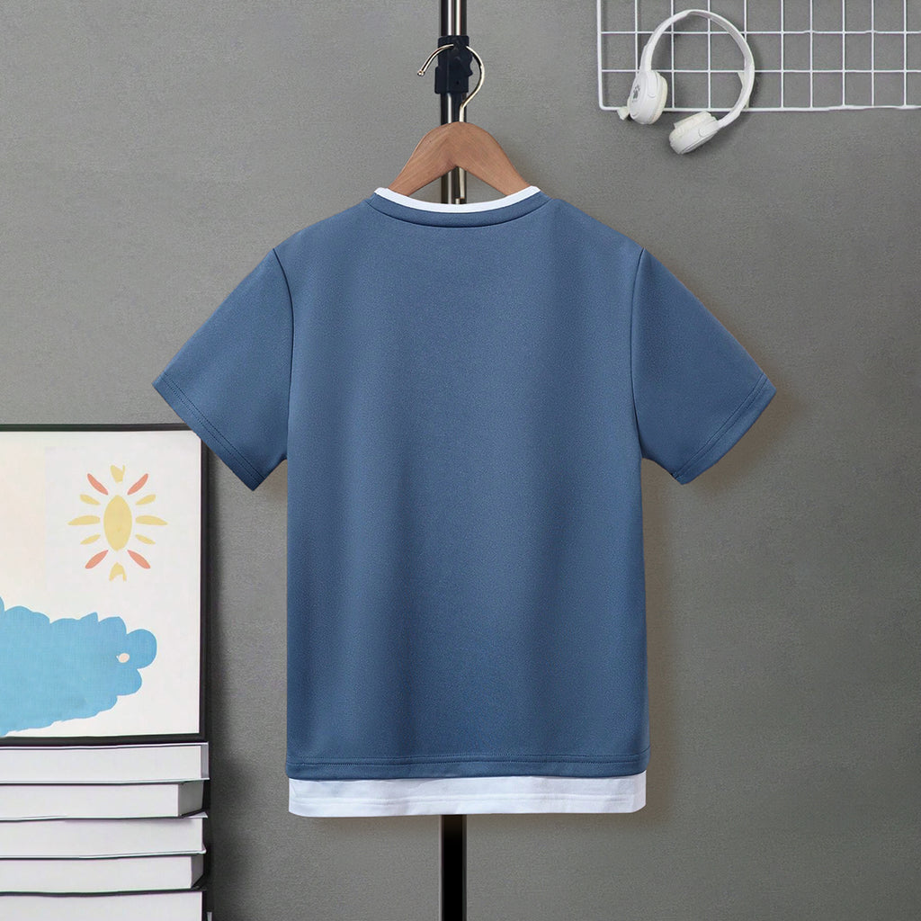 Boys Blue Solid Short Sleeves Bottom Contrast Trimmed T-Shirt Tshirts