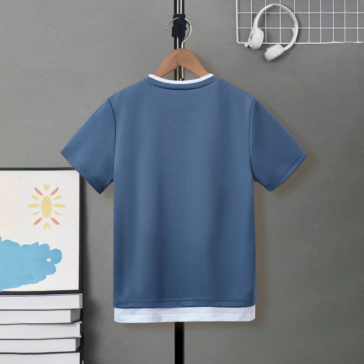 Boys Blue Solid Short Sleeves Bottom Contrast Trimmed T-Shirt Tshirts