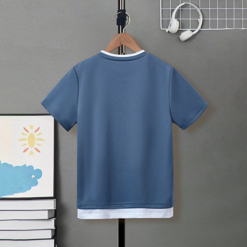 Boys Blue Solid Short Sleeves Bottom Contrast Trimmed T-Shirt Tshirts