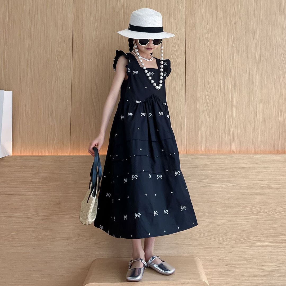 Girls Bow Print Flared Sleeves Fit & Flare Dress Casual Dresses   