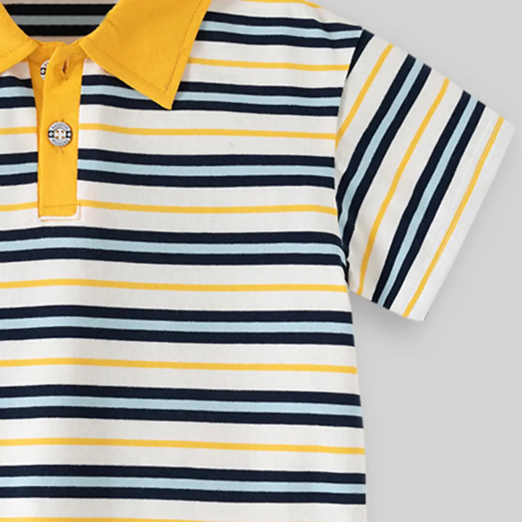 Boys Navy Blue Striped Short Sleeve Polo T-Shirt Tshirts