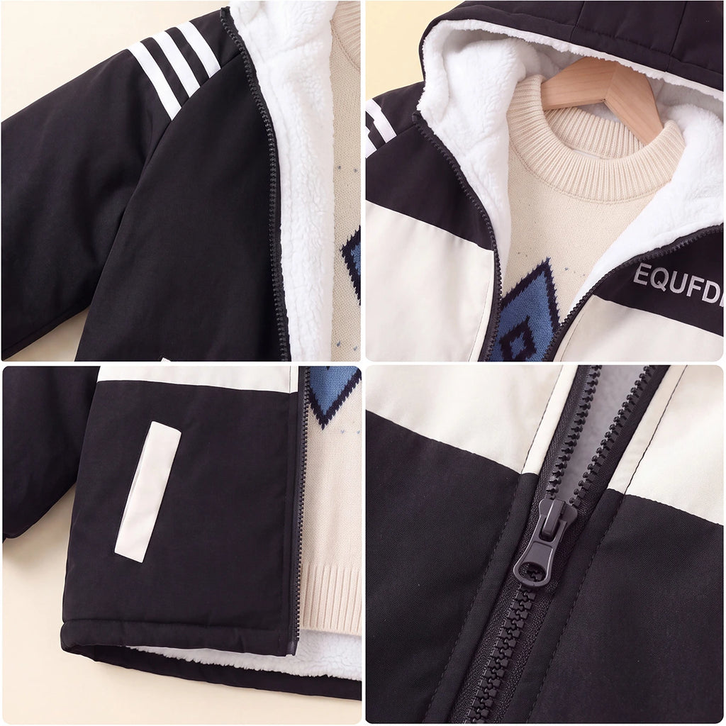 Boys White Hooded Full Sleeves Fleece Lined Jacket Coats & Jackets