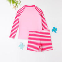 Girls Fuchsia Stripes Unicorn Printed T-Shirt With Shorts Swimwear Set Beachwear