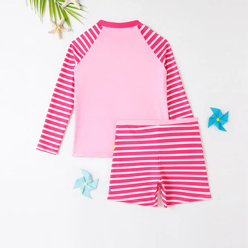 Girls Fuchsia Stripes Unicorn Printed T-Shirt With Shorts Swimwear Set Beachwear