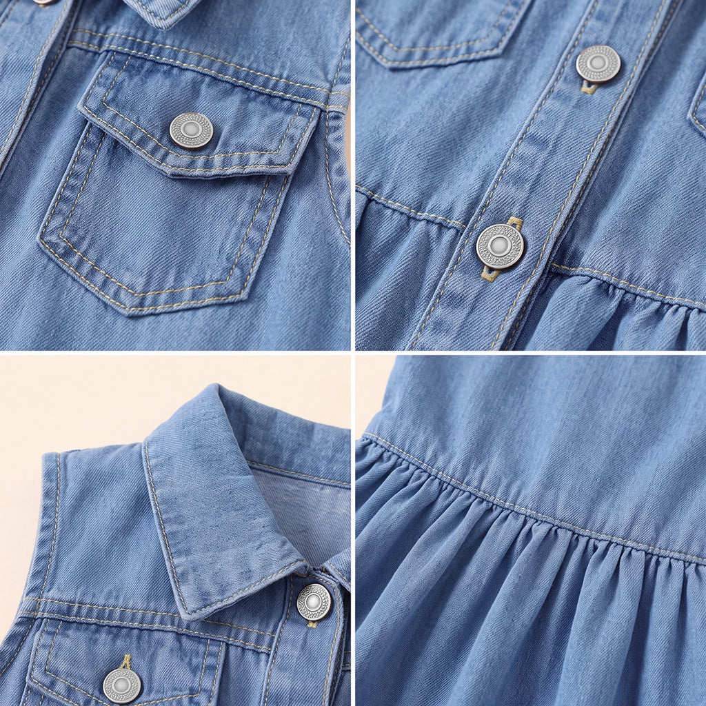 Girls Blue Sleeveless Denim Shirt Dress Casual Dresses