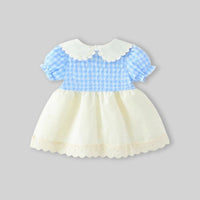 Girls Blue Gingham Checked Bunny Applique Fit & Flare Dress With Puff Sleeves Casual Dresses