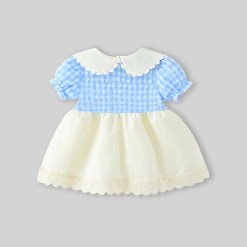 Girls Blue Gingham Checked Bunny Applique Fit & Flare Dress With Puff Sleeves Casual Dresses