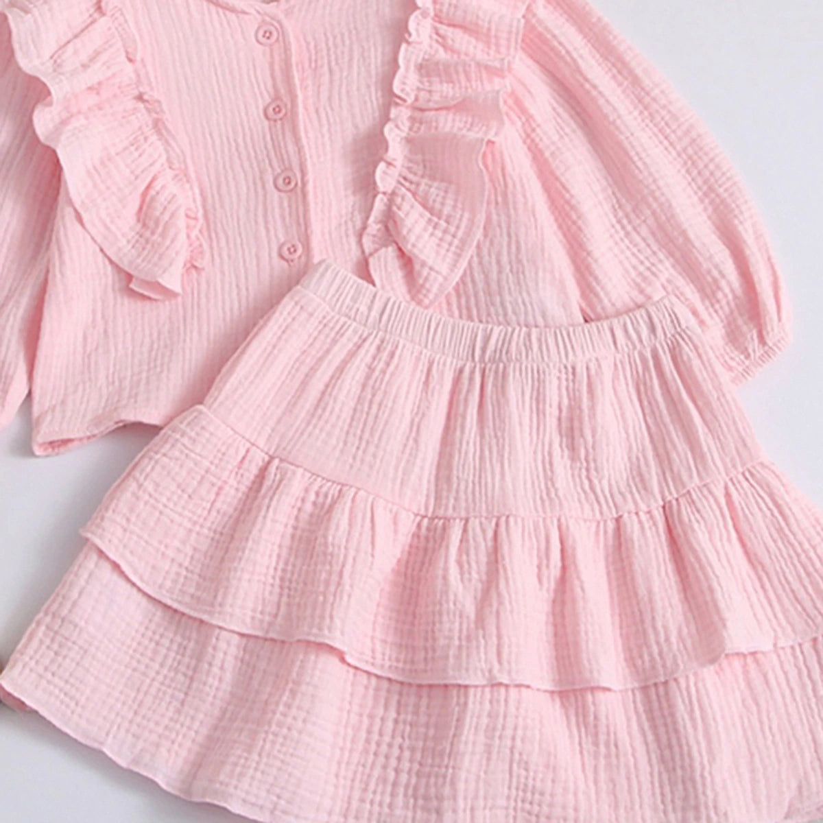 Girls Pink Textured Ruffled Top with Tiered Skirt Sets 2 pc. Sets