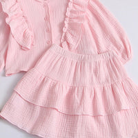 Girls Pink Textured Ruffled Top with Tiered Skirt Sets 2 pc. Sets