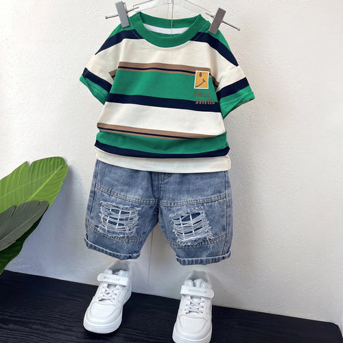 Boys Green Striped Short Sleeve T-Shirt With Denim Shorts Sets 2 pc. Sets Green 1-2 Y