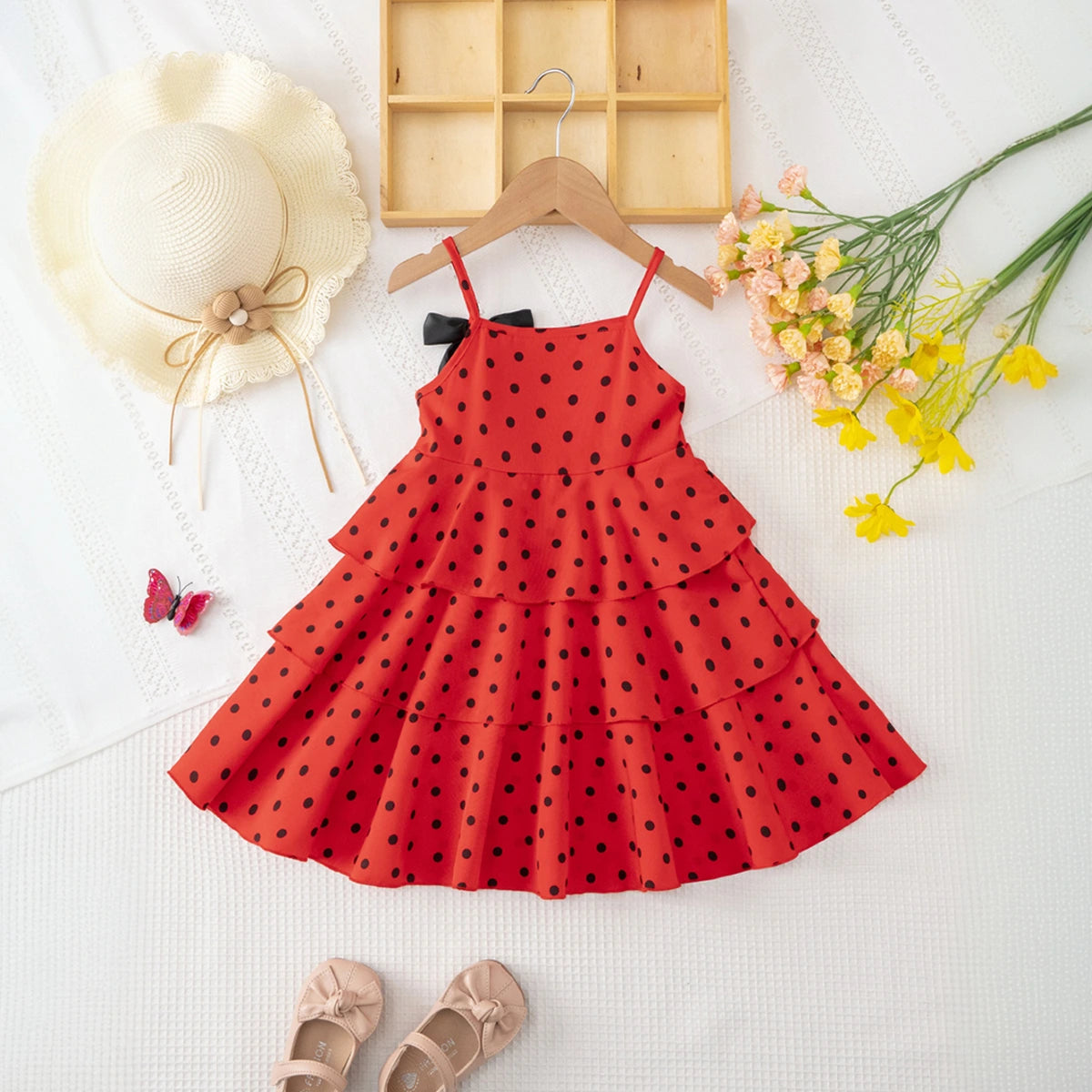 Girls Red Polka Dot Print Sleeveless Tiered Dress Casual Dresses