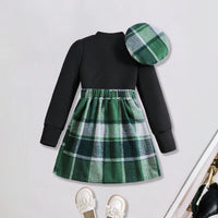 Girls Stand Collar Rib Top With Green Checked Skirt & Beret Hat Set Sets