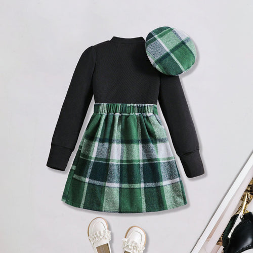 Girls Stand Collar Rib Top With Green Checked Skirt & Beret Hat Set Sets