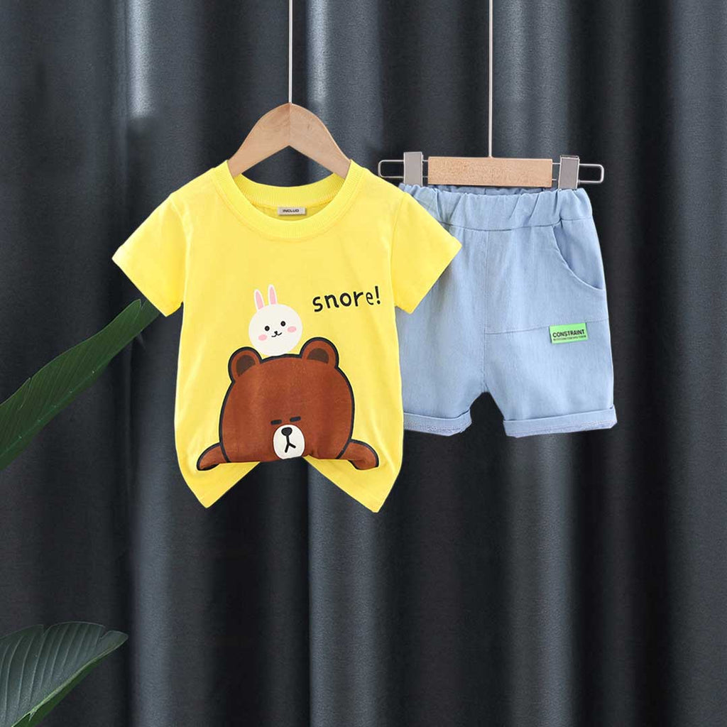 Boys Teddy Print T-shirt with Denim Shorts Set