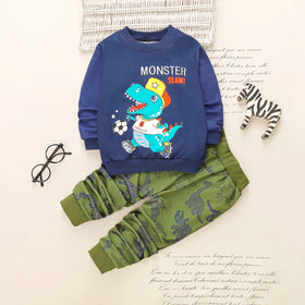 Boys Blue Dinosaur Cartoon Printed Sweatshirt With Joggers Sets Sets Blue 3-4 Y