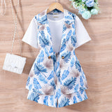 Girls Blue Tropical Print Waistcoat and Shorts with Solid Tee Set