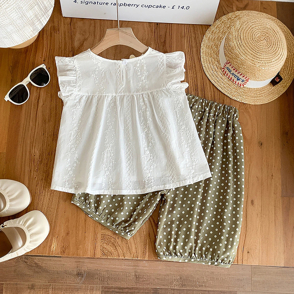 Girls White Embroidered Top With Polka Dot Printed Shorts Set Sets