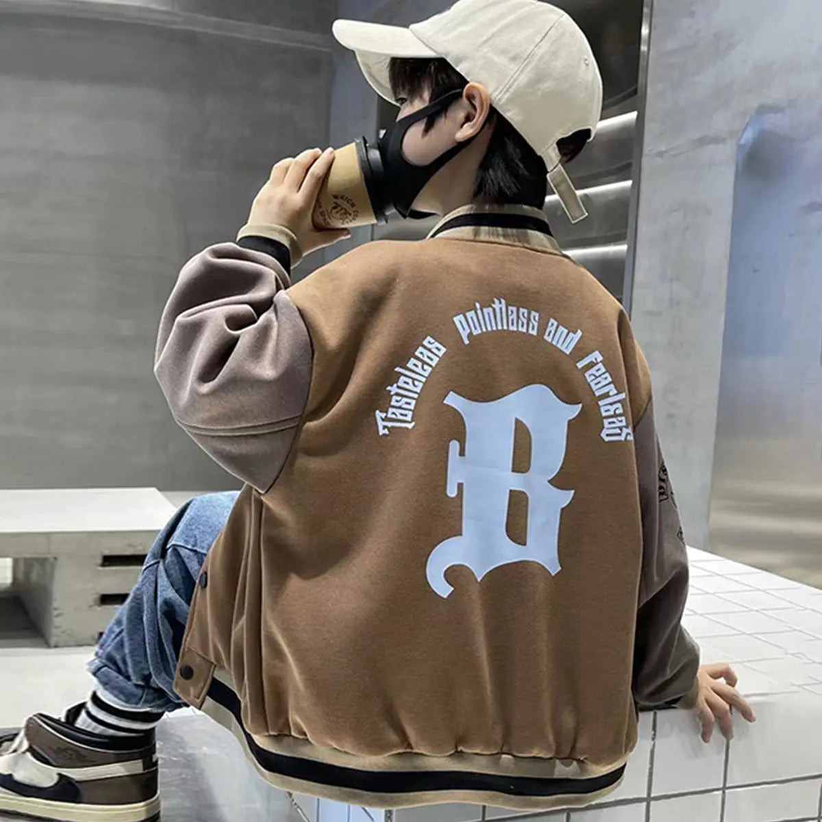 Boys Khaki Letter R Printed Long Sleeves Varsity Jacket Coats & Jackets
