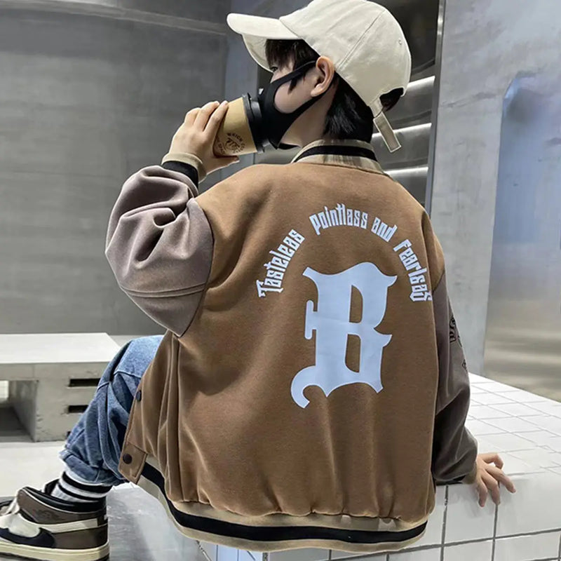 Boys Khaki Letter R Printed Long Sleeves Varsity Jacket Coats & Jackets