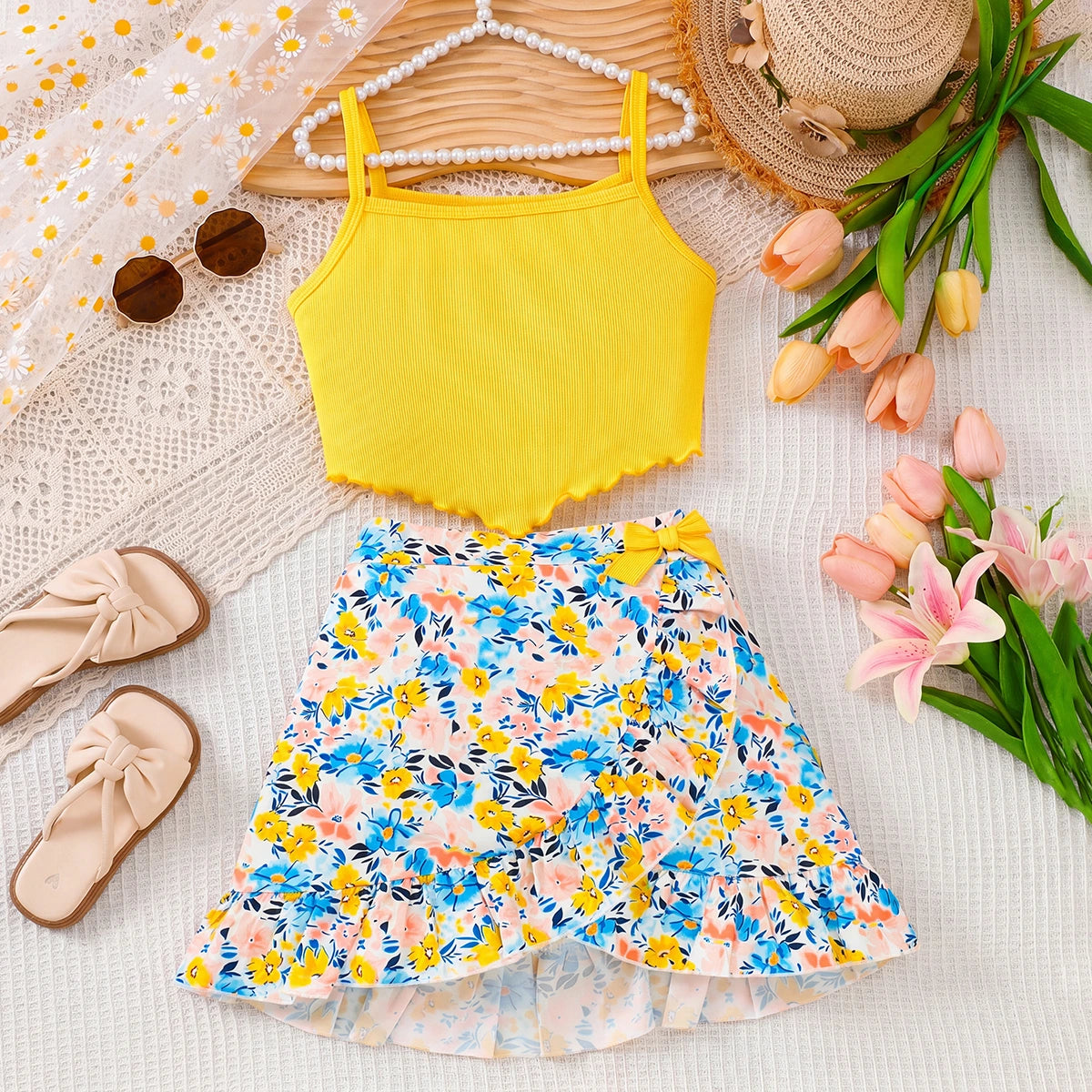 Girls Yellow Sleeveless Ribbed Top With Floral Print Skirt Sets 2 pc. Sets Yellow 7-8 Y